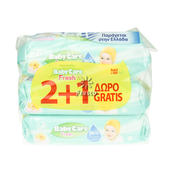 Baby Care Baby Wipes Fresh 96% Pure Water 3 x 63pcs (2+1 Free)